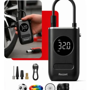 Mini Compressor Digital Portátil Rezzet para Carro Moto e Bicicleta com Calibrador Digital Inflador Elétrico de Pneus LCD Lanterna LED Compacto e Recarregável Preto