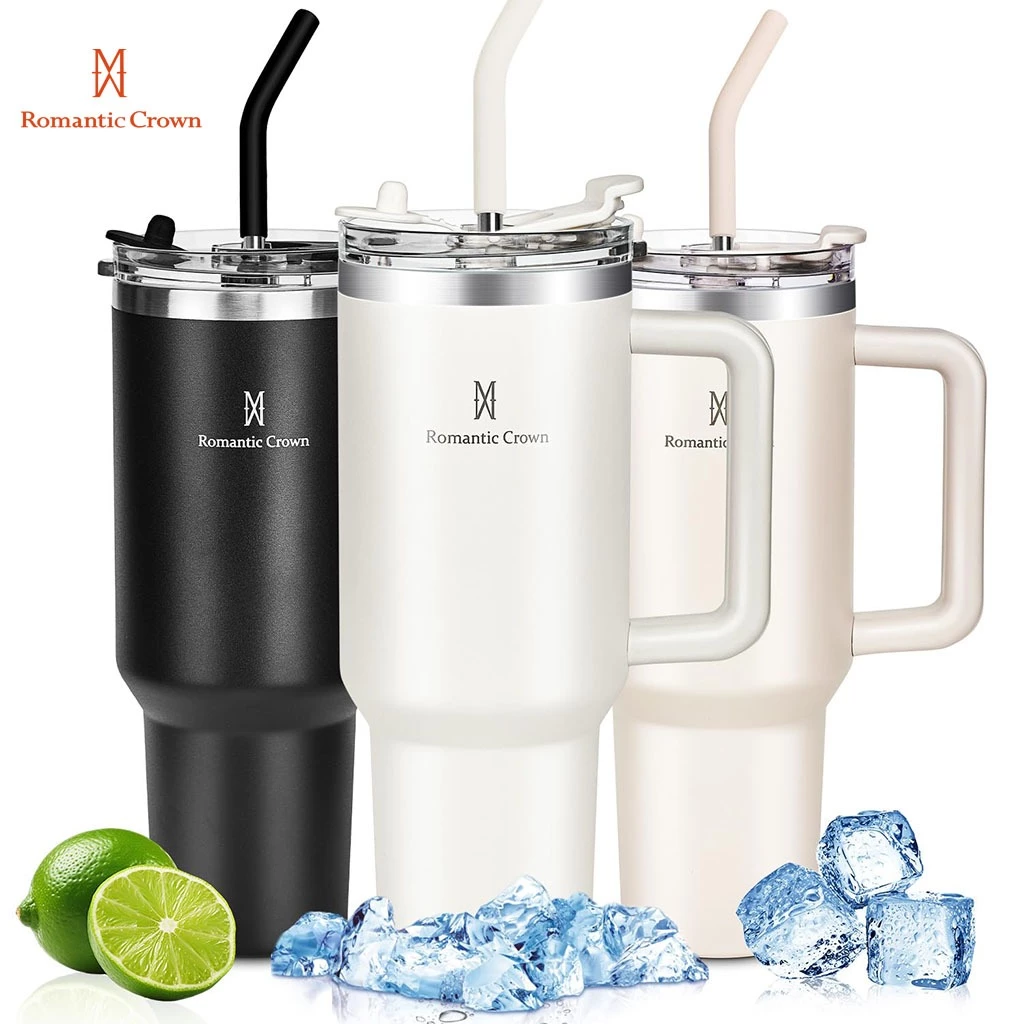 ROMANTIC CROWN Copo Térmico Inox Portátil 600ml/1.2l com Tampa e Canudo Garrafa Térmica Inoxidável