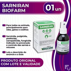 Sarniran Antiparasitário e Antifúngico em Spray para Animais Pets - 100 mL - Biofarm
