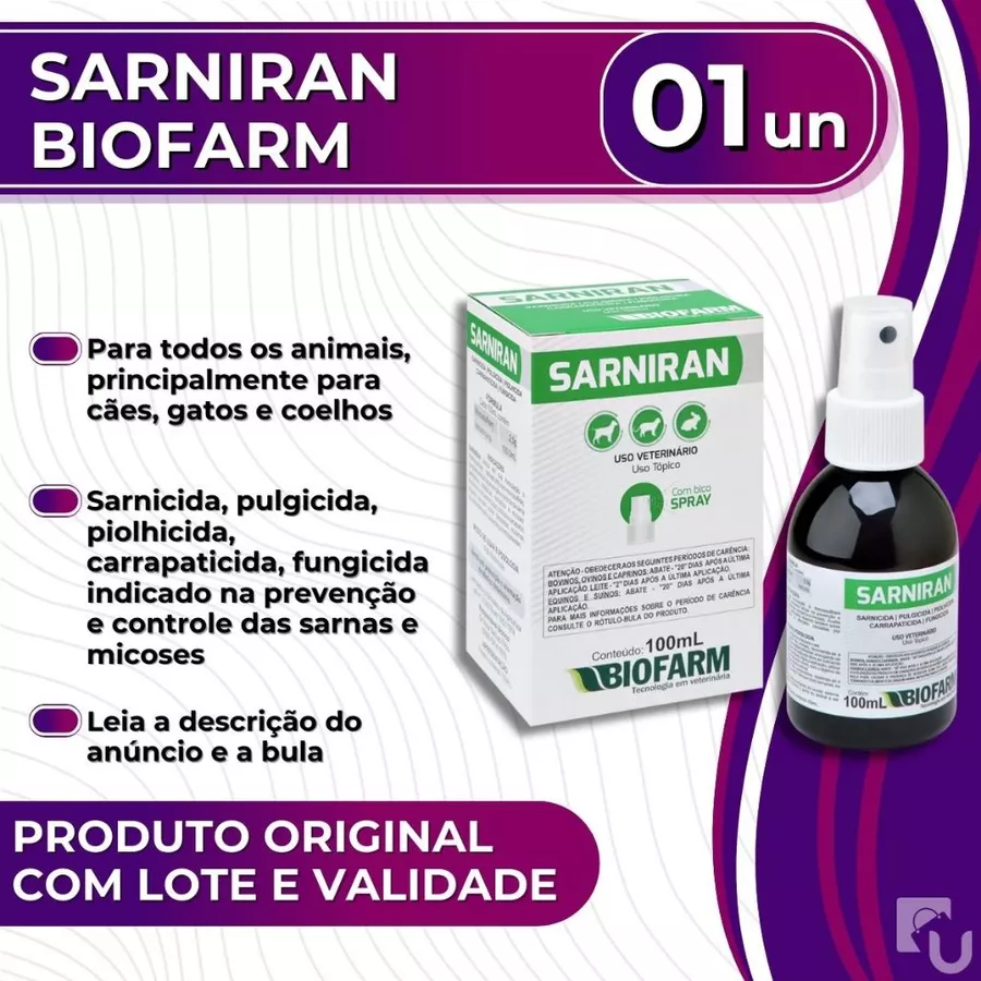 Sarniran Antiparasitário e Antifúngico em Spray para Animais Pets - 100 mL - Biofarm